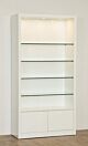 The Moderne six tier wall showcase is made with high gloss lacquer white finished wood, and features secure adjustable glass shelves. The showcase is also equipped with a three light LED system attached to the underside of the top of the shelf and additio