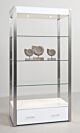 Moderne Double Sided Etagere The  Moderne double sided etagere has a modern design with a white high gloss finish and metal frame. It features four open shelf sections and one lower drawer compartment for storing accessories or extra stock. LED lighting i