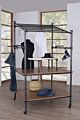 The Soho Modular Pod Kiosk in distressed pine features a sturdy metal frame construction, wooden shelving, and strong steel poles that can be easily used for hanging merchandise.  Dimensions : 46 L x 46