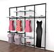 
Vertik Wall Mounted Retail Clothing Display Unit for 8 Shelves with 4 Faceouts and 2 Hanging Rails | Chic Black 4-Sections.  Setting Dimensions: 101